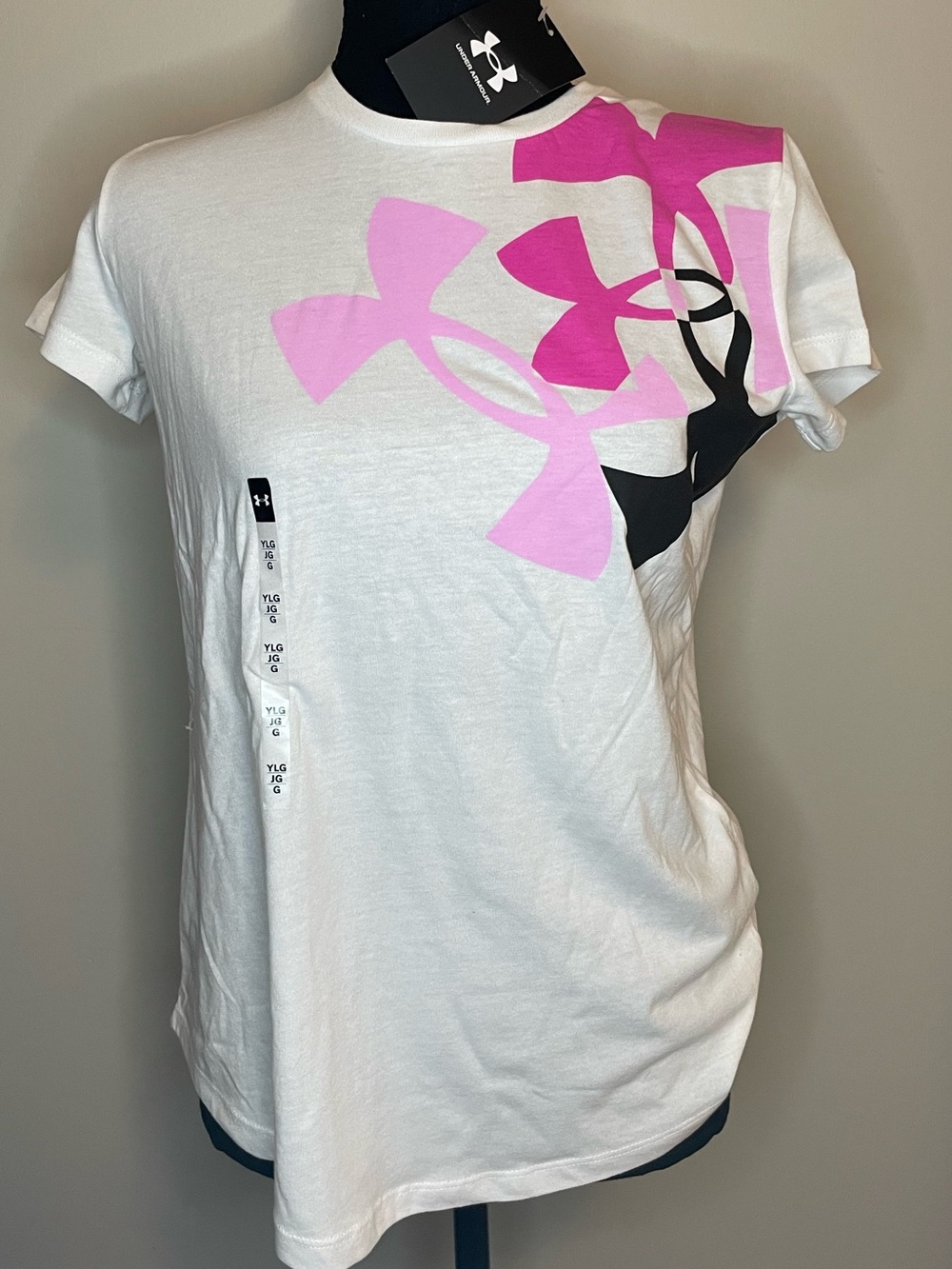 Under Armour White Short Sleeve Tee with Pink and Black Logo Graphic